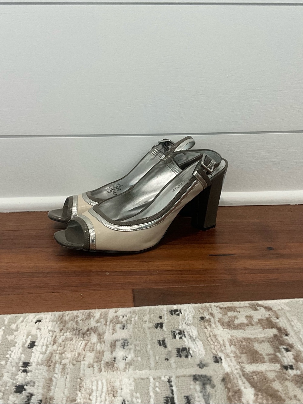 Anne Klein Cream and Silver Peep-Toe Slingback Block Heels